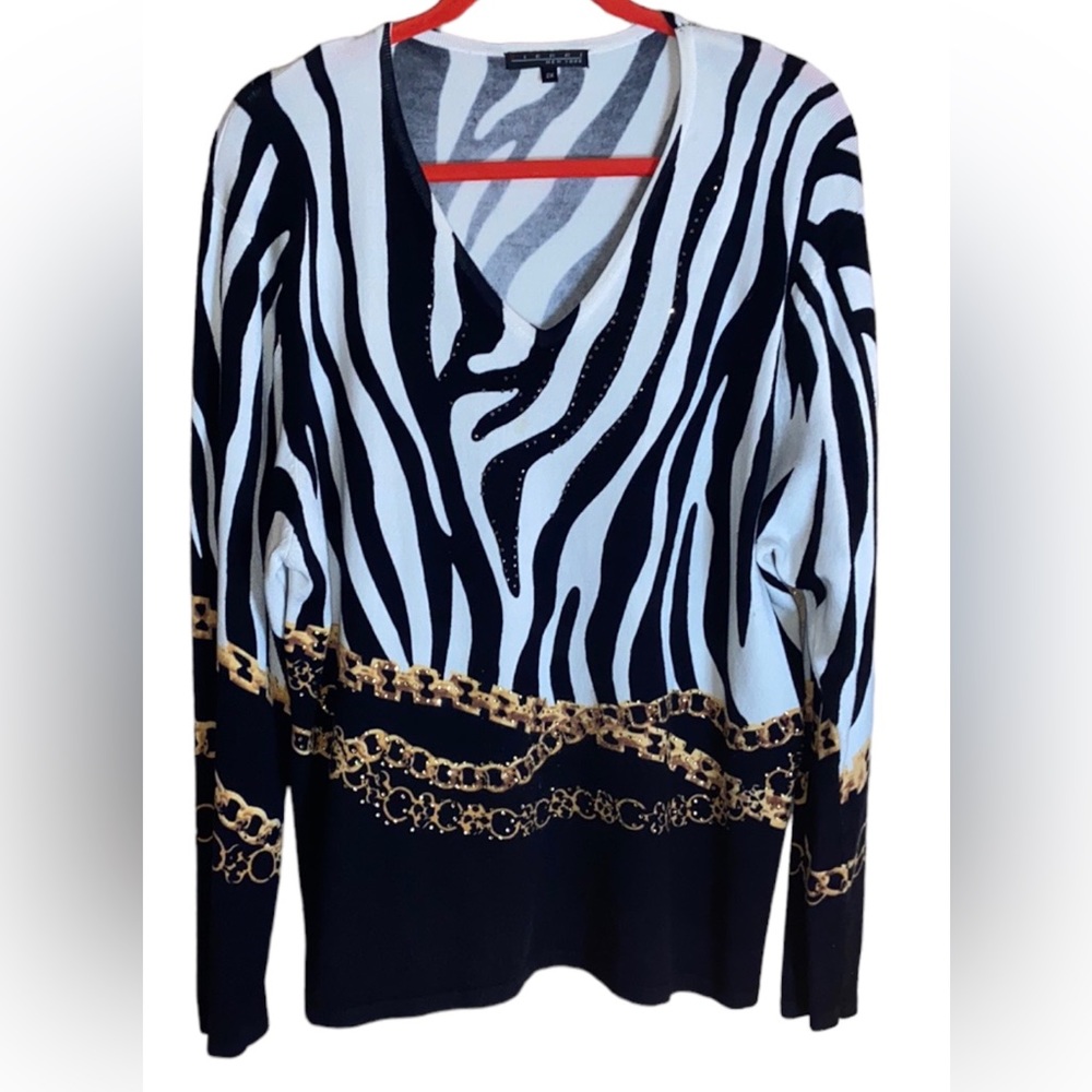 PIERRI New York zebra print with gold chains and rhinestone sweater